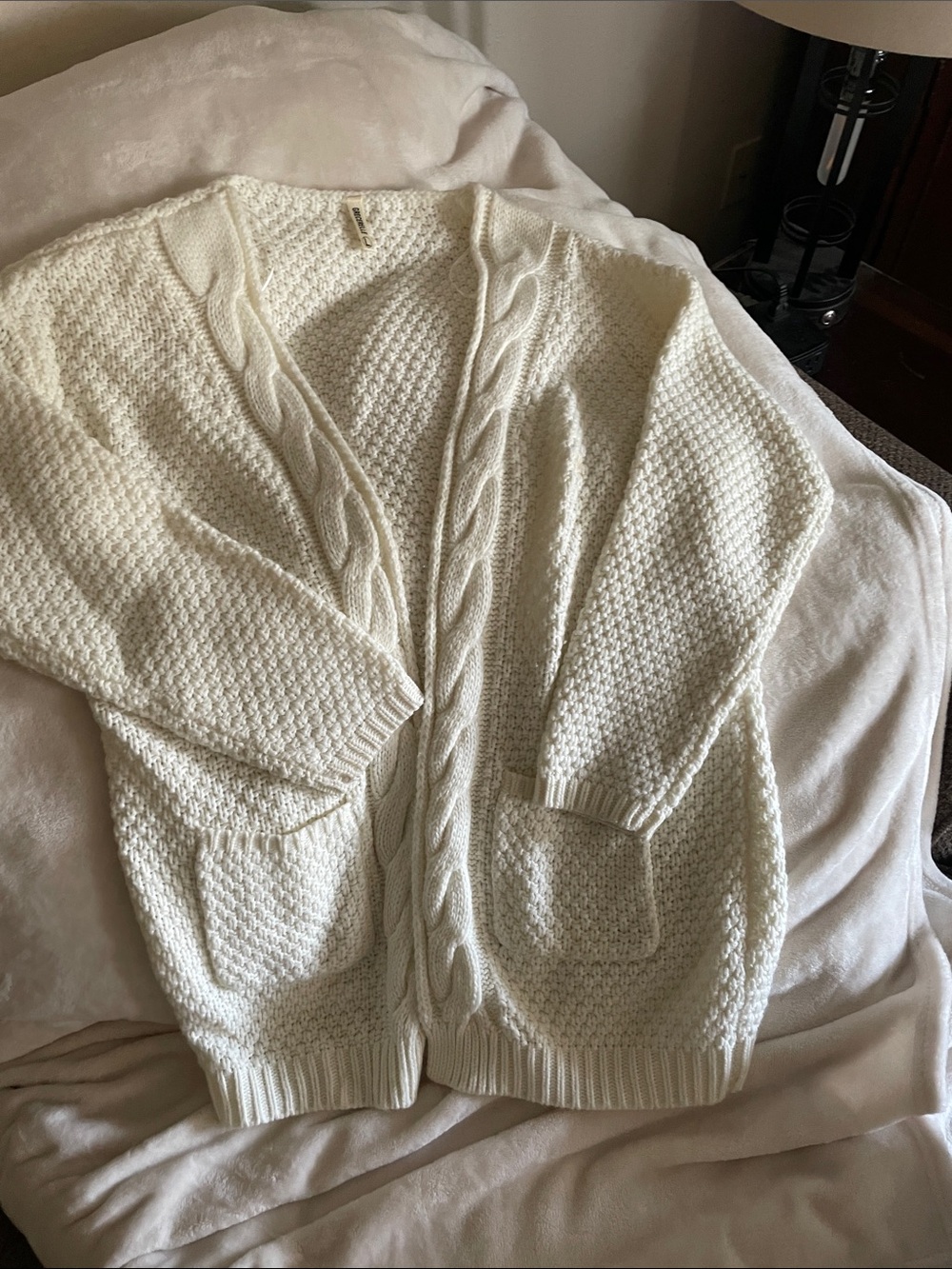 Ivory Cable-Knit Open Cardigan with Pockets - Women Sweater